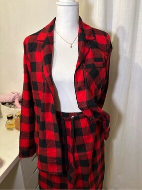 Red & Black Buffalo Plaid Button-Up Top and Pants Set